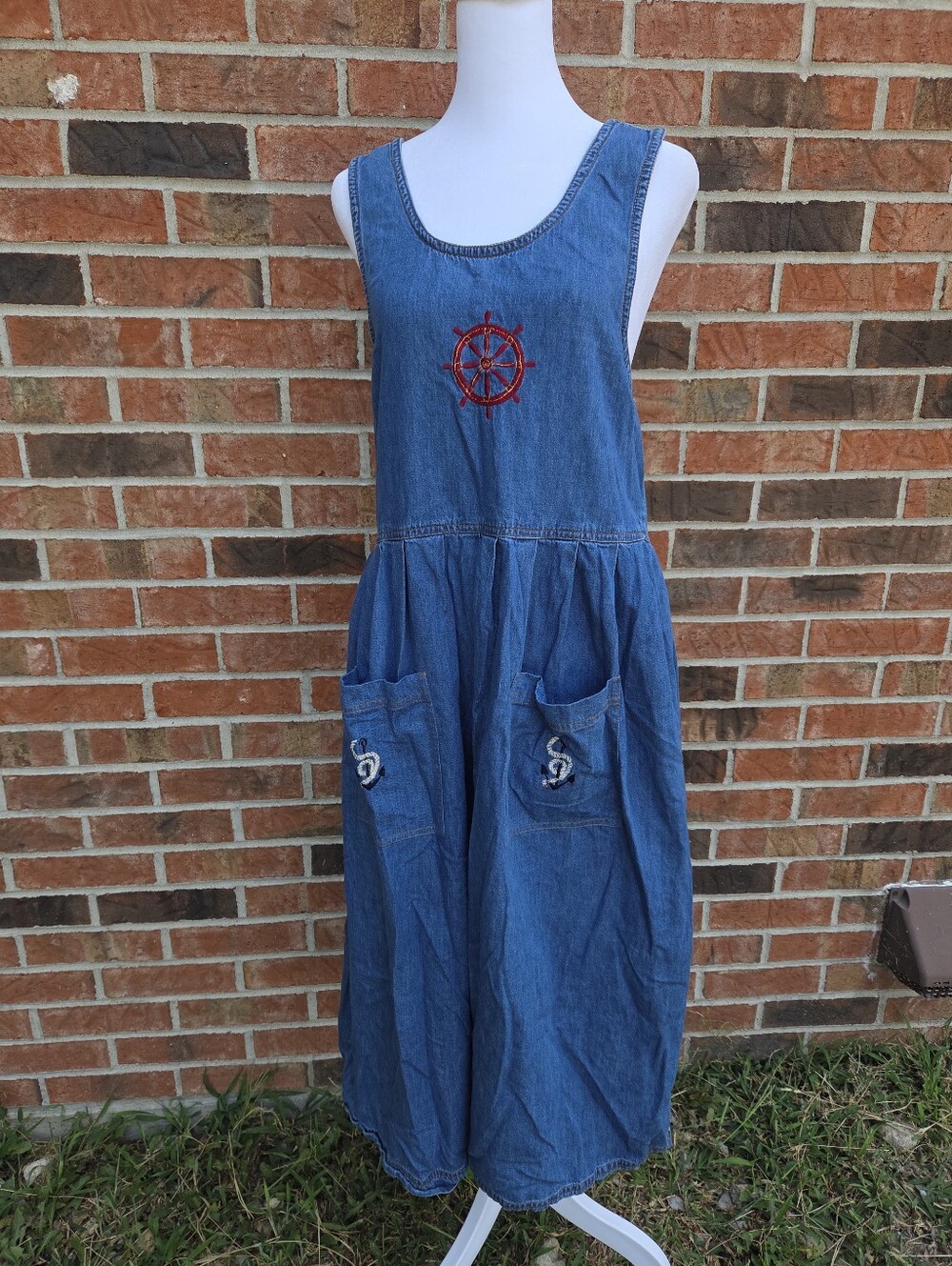 Vintage Jane Ashley Denim Nautical Embroidered Jumper Dress Size Small